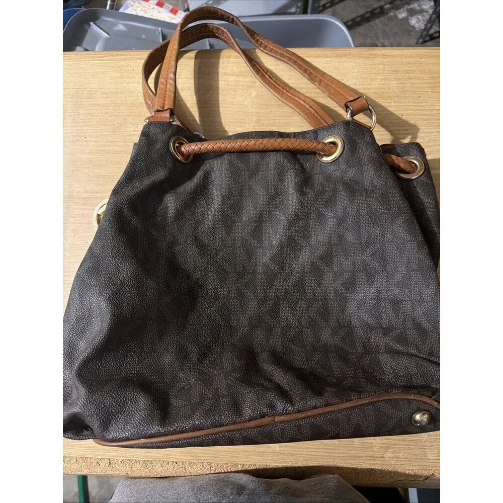 Michael Kors Leather Tote Bag Brown All-Over Logo Pattern Shoulder Handbag